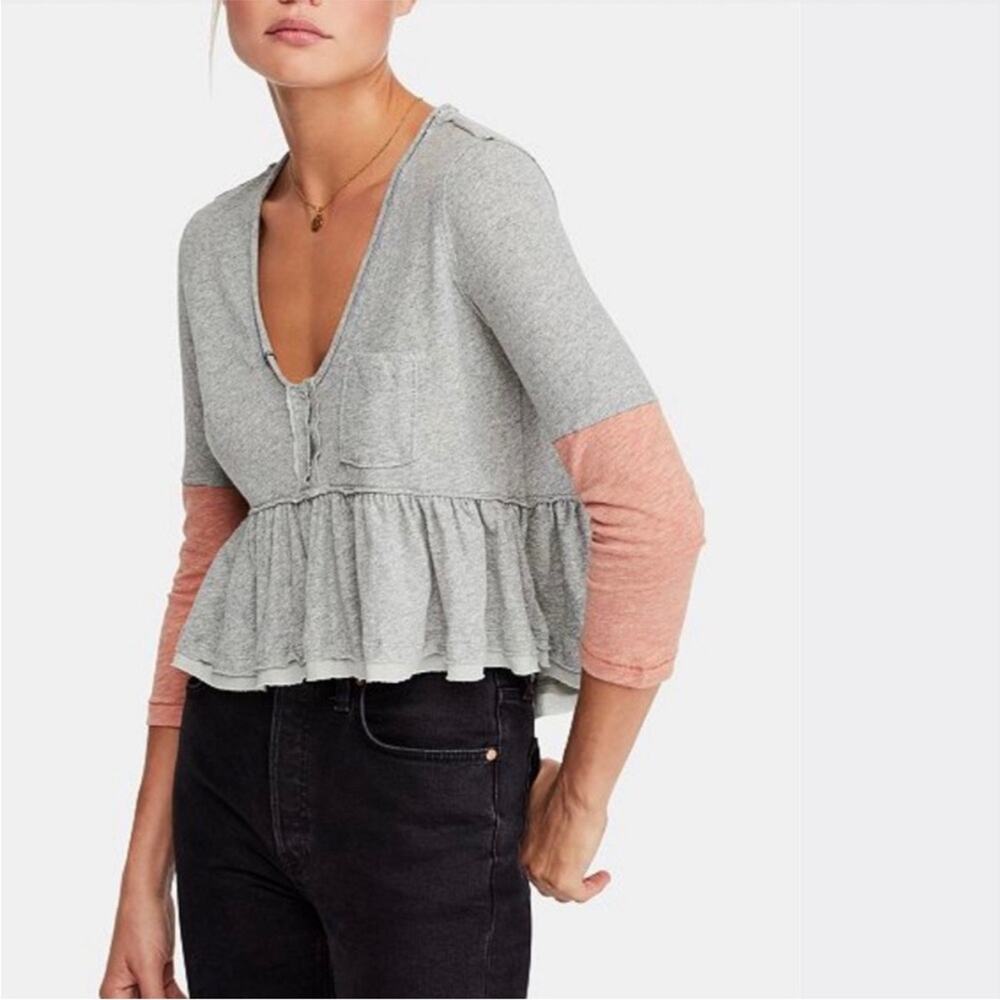 We The Free People Heart Of Mine Gray Coral V Neck Peplum Top Large